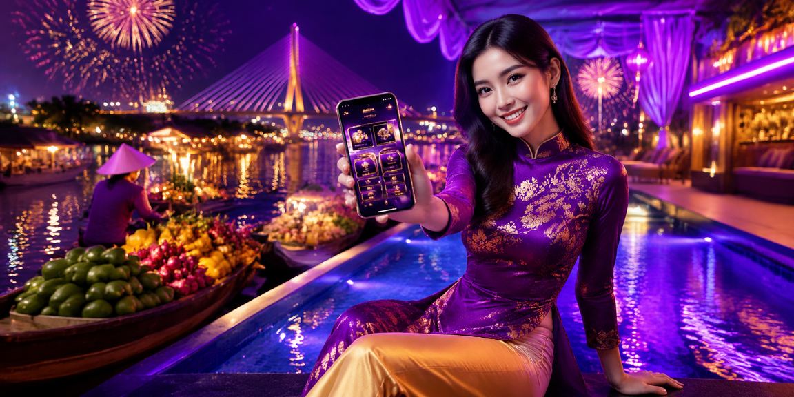 Người mặc áo dài sử dụng ứng dụng casino trên điện thoại bên dòng sông Mekong